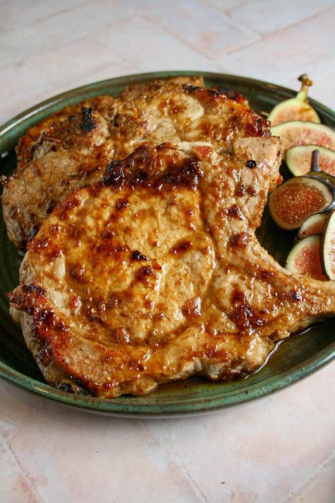 Pork Chops with a Spicy Fig Sauce - Feast Local Fig Pork Chops, Fig Pork, Recipe Pork Chops, Pork Chops In The Oven, Fig Sauce, Center Cut Pork Chops, Mustard Pork Chops, Seared Pork Chops, Recipe Pork