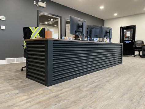 Corrugated Metal Furniture, Welding Shop Office Ideas, Corrugated Metal Deck Skirting, Auto Shop Office Ideas, Black Corrugated Metal, Corrugated Metal Bar, Mechanics Office, Office Counter Design, Corrugated Metal Wall