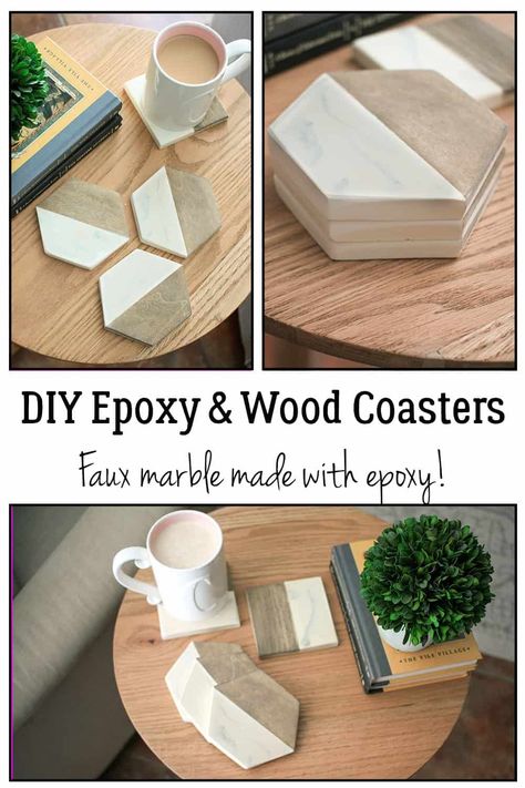 Hexagon coasters made with wood and epoxy resin are the perfect way to protect your wood finishes! Use them at the dinner table, on a side table, or a coffee table. The classy faux marble made using epoxy makes them decor for your table when not in use! Cheap and easy to make for yourself and as DIY gifts for everyone! Diy Wood Coasters, Epoxy Resin Coasters, Workshop Projects, Rental Home Decor, Epoxy Projects, Build Projects, Dyi Gifts, Wood Epoxy, Diy Marble