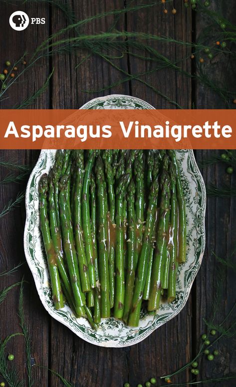 This simple, easy to make, and oh so flavorful recipe puts the brilliance of asparagus front and center. Asparagus Vinaigrette, Radish Pickles, Growing Asparagus, Kitchen Vignettes, Pbs Food, Vegetarian Salads, Antiques Roadshow, Asparagus Recipe, Cooking Recipe