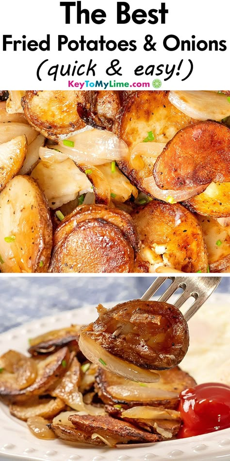 Pan fried potatoes and onions make the best easy Southern side dish! Try serving them with eggs for breakfast or brunch, or with your favorite protein for dinner. They’re flavorful, crispy on the outside, and fluffy on the inside. KeyToMyLime.com Potato Onion Egg Recipes, Baked Fried Potatoes In The Oven, How To Fry Potatoes In A Pan, Breakfast Potatoes With Onions, Fried Potatoes And Eggs Breakfast, Country Fried Potatoes And Onions, Airfryer Potatoes And Onions, Oven Fried Potatoes And Onions Recipe, Skillet Fried Potatoes And Onions