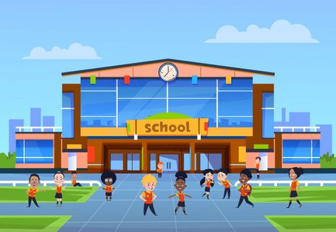 Children at school building. cartoon kids in uniformy play in yard in front of college. back to school, education | Premium Vector Building Cartoon, Education Vector, Hotel Landscape, Kids Yard, Kids Going To School, Playground Areas, School Entrance, College Education, School Cartoon