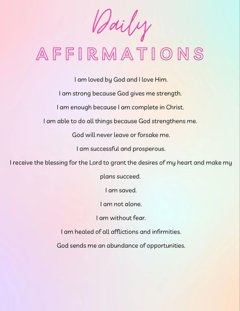 Sometimes we need w little encouragement in life. Here are a few phrases of affirmation to help you be more confident and secure in who God made you! Daily Affirmations Biblical, God Affirmations Faith, Godly Affirmations Faith, Affirmations From God, Biblical Self Affirmations, Gods Affirmations, Religious Affirmations, Christian Affirmations Woman, God Affirmations