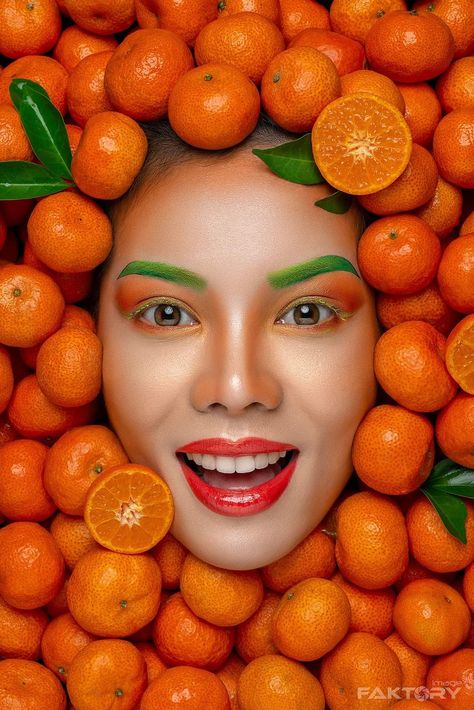 Fruit Shoot, Hands On Face, Theme Pictures, Men Photoshoot, Fruit Photography, Women Motivation, Orange Orange, Colorful Portrait, Orange Fruit