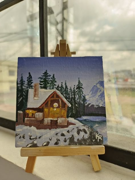 Mini canvas painting of winter snow Small Christmas Paintings Mini Canvas, Mountain And River, Winter Paintings, Mini Toile, Snow House, Christmas Paintings On Canvas, Small Canvas Paintings, Painting Snow, Cute Canvas Paintings