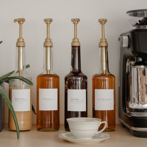 How To Display Coffee Syrups, Coffee Syrup Bottles With Pump, Syrup Bottle Ideas, Best Coffee Syrups, Coffee Syrups Display, Coffee Syrup Station, Coffee Shop Syrup Display, Shelf Stable Coffee Syrup, Coffee Display Ideas