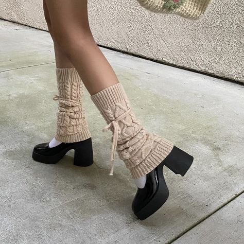 heels & leg warmers pameluft beige black white chunky heels knit socks Socks, Boots, White, Black