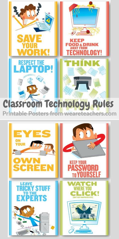 Classroom Technology Rules and Etiquette Posters from weareteachers.com. Printable and Free. Computer Lab Rules Printable, Rules Of Netiquette Poster, Netiquette Poster, Computer Rules, Technology Rules, Computer Lab Rules, Middle School Posters, Technology Teacher, Elementary Technology