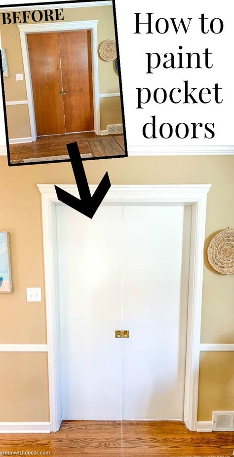 If you’re wondering how to paint pocket doors, follow this simple DIY tutorial to get them painted quickly and easily! These pocket doors look so pretty now that they're painted white. She used the easiest paint roller to get the project done! Click for the simple DIY painting tutorial! #diy #paint #painteddoors #pocketdoors Pocket Doors Diy, Decorative Drawing, Plywood Floors, Floors Laminate, Kid Furniture, Living Room Wall Decor Ideas, Room Wall Decor Ideas, Small Cafe Design, Creative Living Room