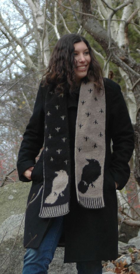 Raven Knitting Pattern, Crow Knitting Pattern, Double Knit Scarf Pattern Free, Gothic Knitting Patterns Free, Six Of Crows Crochet, Raven Crochet Pattern, Alternative Knitting Patterns, Alt Knitting Patterns, Double Knit Scarf Pattern