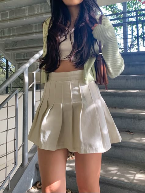 K Core Outfits, Sage Green And White Outfit, Cute Sage Green Outfits, Light Green Aesthetic Outfit, Sage Green Aesthetic Outfit, Sage Fashion Aesthetic, Sage Green Top Outfit, Sage Green Clothing Aesthetic, Sage Green Skirt Outfit