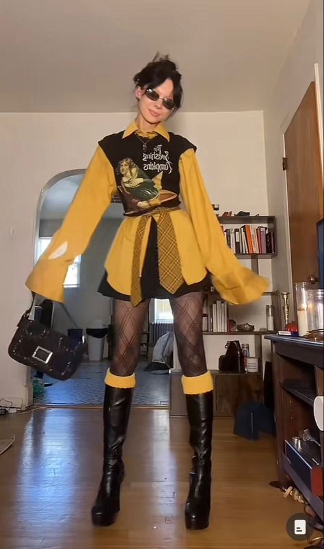 Outfit With Yellow Heels, Outfit For Hot Rainy Day, Fancy Colorful Outfits, Quirky Layered Outfits, Fashion Forward Aesthetic, Mechanic Outfit Aesthetic, Out There Fashion, How To Style Oversized Button Up, Edgy Cocktail Attire