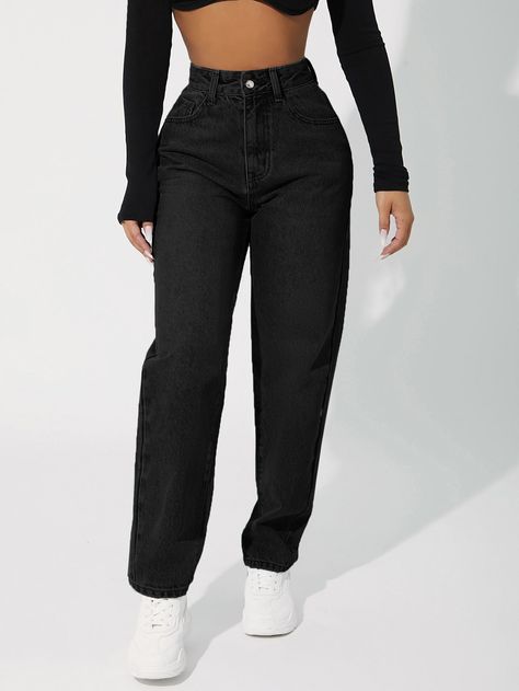 Black    Denim Plain Tapered/Carrot Embellished Non-Stretch  Women Denim Shein Black Jeans, Jean Mom Noir, Black Mom Fit Jeans Outfits, Jeans Noir Outfit, Pantalones Mom Jeans, Mom Jeans Outfit Black, Pantalones Mom, Black Denim Jeans Outfit, Black Mom Jeans Outfit