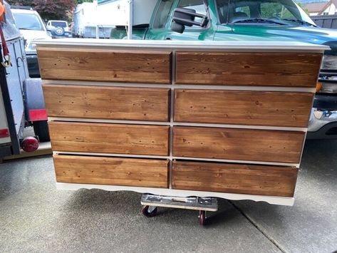 Check out the before and after rustic dresser upcycle idea. Decorate your bedroom on a budget with this easy furniture flip of a thrift store dresser. 8 Drawer Dresser Makeover, 6 Drawer Dresser Makeover, Old Dresser Makeover, Dresser Upcycle, Rustic Dresser, Bedroom On A Budget, Dresser Refinish, Dresser Redo, Pine Dresser