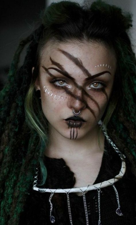 Valkyrie Face Paint, Post Apocalypse Makeup, Colorgaurd Makeup, Easy Viking Makeup Women, Female Viking Makeup, Warrior Makeup Female, Viking Face Paint Women, Women Viking Makeup, Viking Makeup Men