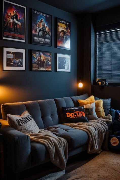 20 Unique Teenage Boy Bedroom Ideas to Inspire You - Various Loft Movie Theme Bedroom, Boys Hangout Room, Teenage Boys Bedroom Ideas, Pre Teen Boys Room, Mini Theater, Projector Setup, Boy Bedroom Ideas, Popcorn Holder, Teenager Bedroom