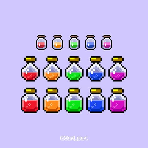 RPG Pixel Art Icon Collection : Potion,  on ArtStation at https://www.artstation.com/artwork/blAyOd Pixel Art Potion, Pixel Art Icon, Fps Games, Rpg Maker, Magic Book, Icon Collection, Magazine Layout, Art Icon, Pixel Art