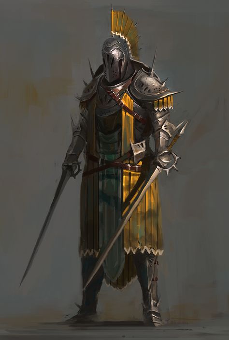 Quick D&D Male Character Ideas - Imgur Yellow Knight, Knight Concept Art, Two Swords, Knight Art, Medieval Armor, Fantasy Armor, Fantasy Concept Art, Armor Concept, Fantasy Warrior