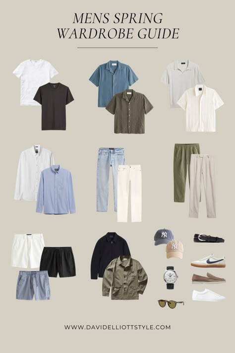 Spring & Summer Essentials: Men's Wardrobe Guide - davidelliottstyle.com Outfit Ideas Summer For Men, Men’s Capsule Wardrobe Summer Europe, Mens Paris Outfits Summer, Calm Aesthetic Clothes, Men Summer Capsule, Closet Essentials Men, Mens Capsule Wardrobe Summer Travel, Paris Outfits Spring Men, Summer Wardrobe Men