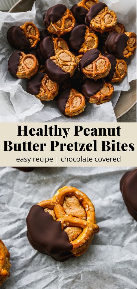 Healthy Peanut Butter Pretzel Bites | Walder Wellness, Dietitian Healthy Pretzels, Healthy Salty Snacks, Peanut Butter Pretzel Bites, Pretzel Snacks, Gluten Free Pretzels, Peanut Butter Bites, Peanut Butter Snacks, Chocolate Recipes Easy, Meal Prep Snacks