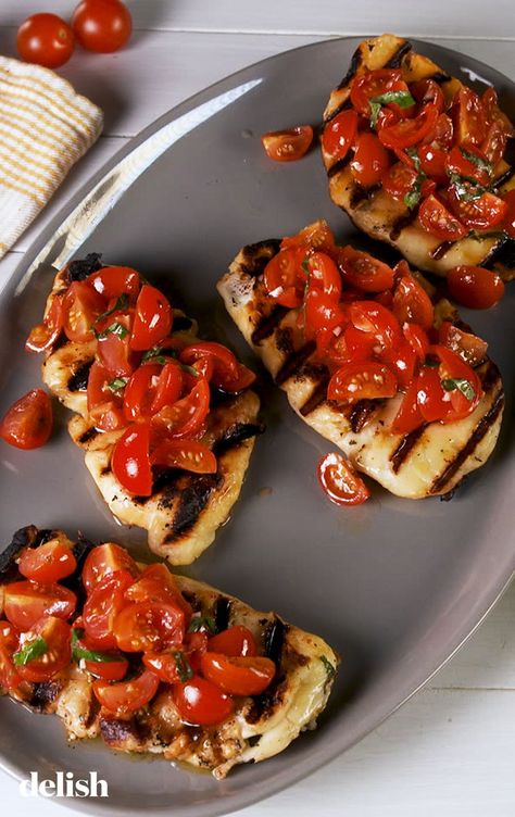 Grilled Halloumi Bruschetta Is The Greatest Low-Carb HackDelish Houllomi Recipes, Halloumi Bruschetta, Vegetable Couscous Recipes, Halloumi Recipes, Satay Sauce Recipe, Bruschetta Recept, Halloumi Pasta, Tahini Dressing Recipe, Vegetable Couscous