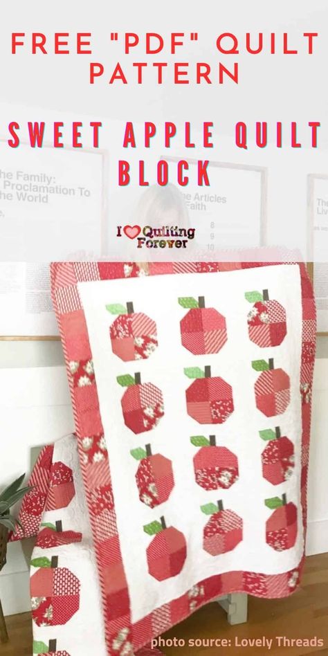 Free Quilt Pattern: Sweet Apple Quilt Block Apple Quilt Pattern, Apple Quilt Block Pattern Free, Fall Quilt Patterns Free, Fall Quilt Blocks, Apple Quilts, Pumpkin Quilts, Apple Quilt, Free Quilt Block Patterns, Seasonal Quilts