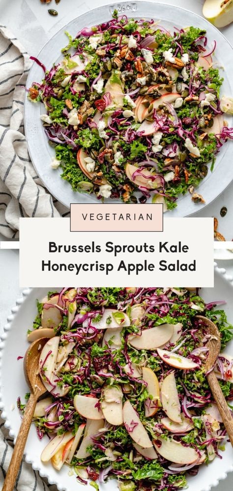 Sweet & crunchy brussels sprouts kale apple salad with a light maple cider dressing. This beautiful, fall-inspired kale apple salad has wonderful flavors and textures from tangy gorgonzola, dried cranberries and a pecan pumpkin seed crunch mixture. Enjoy the perfect lunch or side dish all season long! #salad #vegetarian #brusselsprouts #apples #fall #thanksgiving #kalesalad Honeycrisp Apple Salad, Cider Dressing, Kale Apple Salad, Pecan Pumpkin, Salad Vegetarian, Apple Salad Recipes, Shredded Brussel Sprouts, Ambitious Kitchen, Sprouts Salad