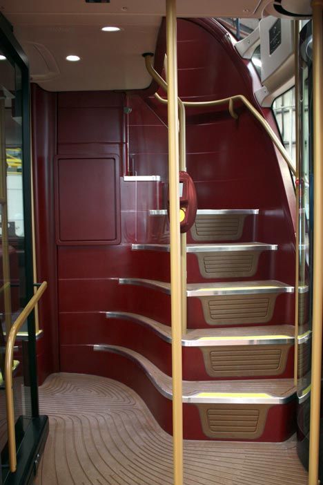 Just like the curvy look and the flooring material.    A New Bus for London by Heatherwick Studios. (they also designed the Cauldron for the 2012 London Olympics). Bus Restaurant, New Routemaster, School Bus House, Bus Ideas, Converted Bus, Bus Conversions, Rv Bus, Bus Interior, Bus Living