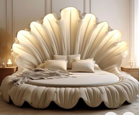 Seashell Bedroom Ideas, Clam Shell Bed Frame, Sea Shell Bed Frame, Seashell Bed Frame, Circle Bed Bedroom, Shell Bed Frame, Sea Shell Bed, Bed Frames Aesthetic, Circle Bed Aesthetic