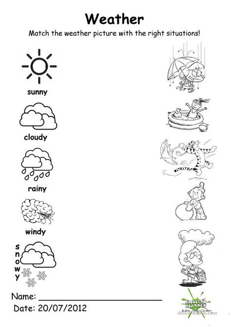 Weather match - English ESL Worksheets for distance learning and physical classrooms Weather Worksheets For Kindergarten, Seasons Kindergarten, Kindergarten Weather, Weather Kindergarten, Weather For Kids, Weather Activities Preschool, Weather Lessons, Seasons Worksheets, Weather Worksheets