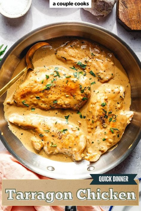 This Tarragon Chicken is a one-skillet wonder! Juicy chicken breasts are simmered in a creamy tarragon sauce for a flavorful, easy weeknight dinner. Pop over to our site for the chicken recipe! Tarragon Chicken Recipe, Tarragon Recipes, Tarragon Sauce, Tarragon Chicken, Winter Salad Recipes, A Couple Cooks, Tilapia Recipes, One Skillet, Vegan Salad Recipes