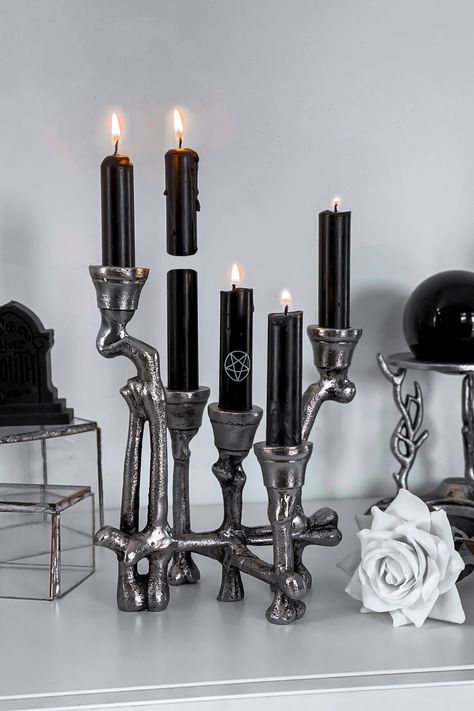 OSSUARY.- Statement metal sculpted candelabra.- Intricate details.- 5 candle slots.- Free standing.- Width 14cm/5.5".- Height 20cm/7.8".- Length 17cm/6.6".with KILLSTAR branding, 100% Metal alloy. Nice Things To Draw, Gothic Bathroom Decor, Gothic Homes, College Bedroom Decor, Gothic Bathroom, Modern Gothic, Spooky Movies, Spooky House, Goth Home