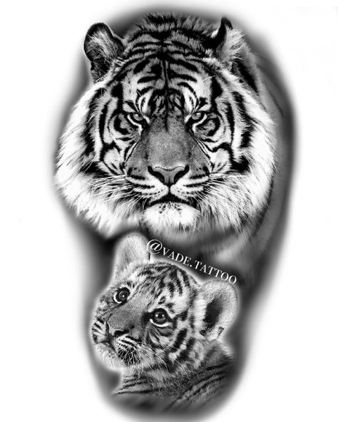 Snow Tiger Tattoo, Tiger With Cubs Tattoo, Tiger And Cubs Tattoo, Realism Tiger Tattoo, Tiger Cub Tattoo, Tiger Drawings, Cub Tattoo, Tiger Eyes Tattoo, Black Men Tattoos