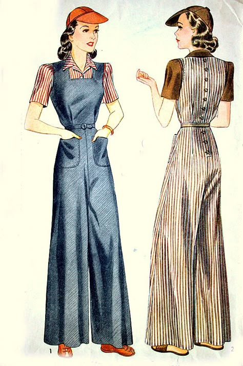 1940's Simplicity Sewing Pattern Wide Leg Overalls with Pockets and Matching Blouse //  Pattern No. 3764  https://www.etsy.com/listing/166877259/1940s-simplicity-sewing-pattern-wide-leg?ref=favs_view_23 1940s Overalls, Wide Leg Jumpsuit Pattern, 1940s Patterns, Rosie Riveter, Vintage Blouse Pattern, 40s Mode, Beach Pajamas, Wide Leg Overalls, Vintage Clothes Patterns