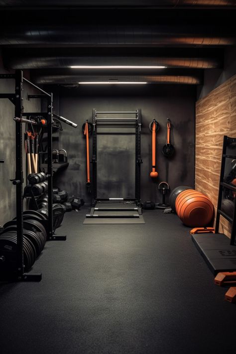 An AI generated design for a gym based on Mirafit equipment colour schemes Black At Home Gym, Small Garage Gym Design, Basement Gym Black Ceiling, Dark Gym Interior, Black Home Gym Interior, Garage Gym Uk, Dark Home Gym Aesthetic, Garage Gym Black Walls, Calisthenics Gym Design