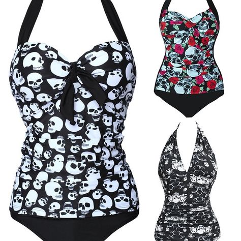 Women Plus Size Monokini Gothic Black Skull Beachwear Halter Backless Push up Swimwear One piece Bathing suit Black Swimsuit Outfit, Cute Sporty Outfits, Backless Halter Top, Swimsuits Outfits, Skull Clothing, Swimwear High Waisted, Gothic Skull, Swimwear Tankini, Retro Mode