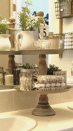 Bathroom tiered tray ideas. Bathroom Tiered Tray, French Country Bathroom, Country Bathroom, Home Decoration Ideas, Tiered Stand, Bathroom Redo, Romantic Dinner, House Bathroom, Farmhouse Bathroom