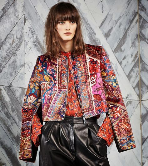 Luxury Bohemian Outerwear With Resham Embroidery, Female Shirt Designs, Bohemian Multicolor Outerwear With Intricate Embroidery, Bohemian Outerwear With Intricate Multicolor Embroidery, Bohemian Leather Winter Outerwear, Luxury Folk-style Women's Outerwear, Serbian Clothing, Paisley Jacket, Iranian Fashion