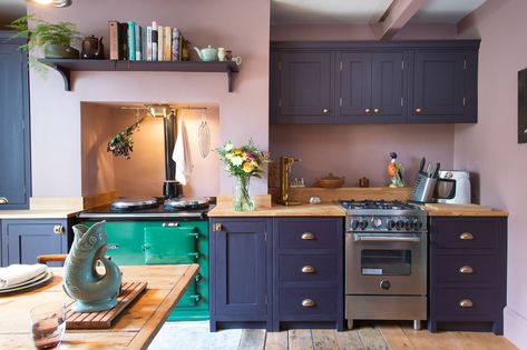 Purple Kitchen Walls, Purple Kitchen Cabinets, Heritage Kitchen, Unique Kitchen Design, Purple Kitchen, Kitchen Mood Board, Comfortable Kitchen, Kitchen Walls, Period Property