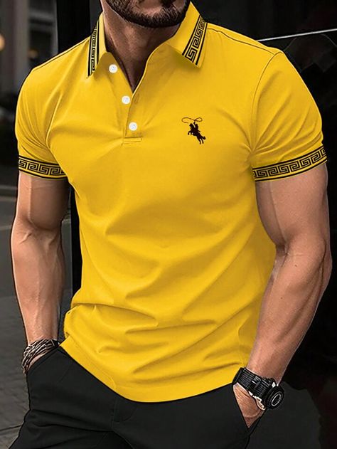 Manfinity Mode Men Horse Print Contrast Trim Polo Shirt | SHEIN USA Printed Polo Shirts, Horse Print, Elegant Dresses Long, Mens Fashion Suits, Contrast Collar, Contrast Trim, Men Clothing, Mens Polo Shirts, Mens Fashion Casual