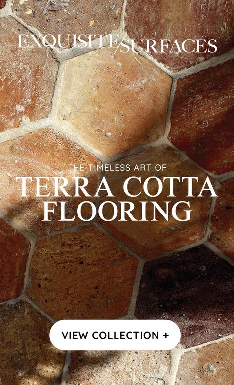 Nothing symbolizes French country flooring more than terra cotta. The extraordinary warm colors, the beautiful hues and variations, the hand-molded shapes all define the essence and rustic charm of French country living. From salvaged to newly produced, hand-made traditional terra cotta tiles, We offer numerous options for recreating this French country flooring tradition. A recent addition from Spain, stunning Alicante Black Terra Cotta tiles present a dramatically darker flooring option. Terra Cotta Flooring, French Country Flooring, Country Flooring, Exquisite Surfaces, Flooring Kitchen, French Country Living, Welcome To My House, Spanish Style Homes, Brick Flooring