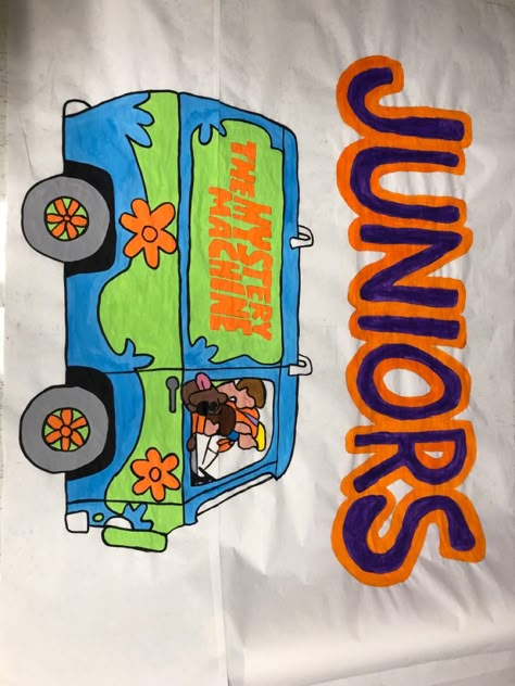 Scooby Doo School Theme, Junior Year High School Banners, Senior Homecoming Hallway Themes, Junior Signs High School, Junior Class Poster Ideas, Class Poster Ideas High Schools, Junior Hallway Themes, Junior Year Posters, Junior Year High School Posters