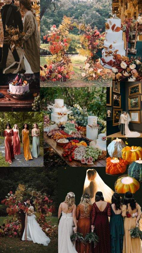 fall wedding inspiration ♥️🍁🍂 #wedding #autumnwedding #fallwedding #weddingaesthetic #weddingcake #florals #autumnlove #fallaesthetic #moodboard #collage #autumncolors #fallcolors Rustic Wedding Decor Fall, October Themed Wedding, Dark Fairy Tale Wedding, Fall Wedding New England, October Wedding Aesthetic, Fall Wedding Veil, Fall Fairytale Wedding, Simple Fall Wedding Ideas, Vivid Fall Wedding