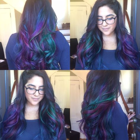 Dyed hair, under cut. Peacock inspired! cut and color by @daisydoll123 Peacock Ombre Hair, Peacock Hair Color Peekaboo, Peacock Hair Color, Clairol Hair Color, Indian Hair Cuts, Peacock Hair, Hair Dye Tips, Colored Hair Tips, Hair Color Options