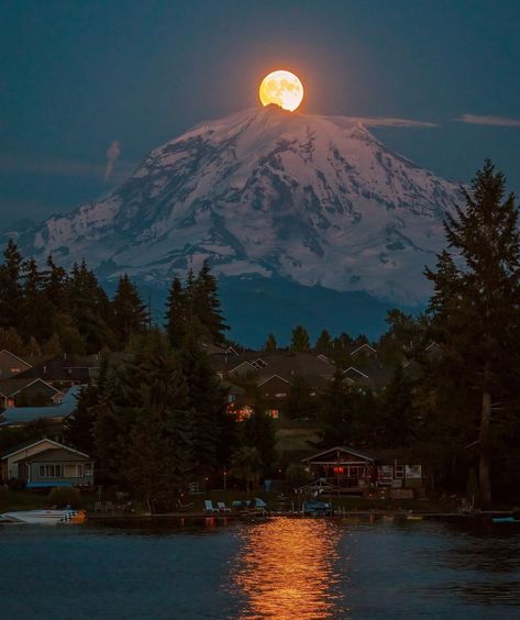 Full Moon Photography, Rainy Wallpaper, Mountains At Night, Oregon Washington, Washington Usa, Scenic Photography, Mt Rainier, Moon Photography, Nature View