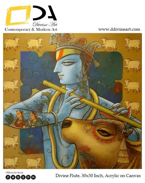 Krishna beautiful painting with cow art work name is Divine Flute Krishna Beautiful Painting, Acrylic Paintings Easy, New Canvas Painting, Flute Art, Krishna Beautiful, Painting Krishna, Kalamkari Blouse Designs, Diy Art Work, Famous Art Paintings