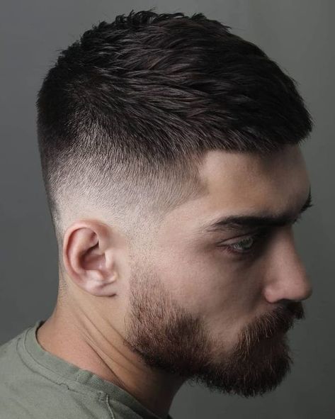 Short Hair with Volume and Fade - This buzz cut feels fancier just because of two things. More volume on top and a sleek taper fade. That’s all you need to make a generic buzz cut into a fancy one. Oh, and don’t forget those perfectly carved line ups, details matter! Short Hair Style For Men, Men Short Haircut Styles, Stylish Men Haircuts, Short Hairstyles For Men Fade, Short Hairstyle Men, Haircut For Men Short, Short Hair Cuts For Men, Men's Short Haircut, Mens Short Haircut