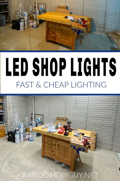 Honeywell LED Shop Lights Review: These affordable, easy to install shop lights can transform a dark space into a bright functional workshop on the cheap! #randomdiyguy #shoplights #LED #workshop #efficient #workspace #honeywell Lighting Hacks, Basement Workshop, Led Garage Lights, Shop Lights, Hanging Christmas Lights, Dark Space, Garage Interior, Led Shop Lights, Garage Lighting