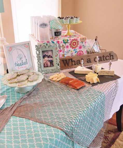 Lake House Bridal Shower Ideas, Fish Bridal Shower Theme, Fishing Themed Bachelorette Party, Fishing Wedding Shower Ideas, Lake Themed Bridal Shower Ideas, Fishing Bridal Shower Theme, Two Less Fish In The Sea Shower Ideas, Nautical Bridal Shower Ideas, Couples Shower Themes