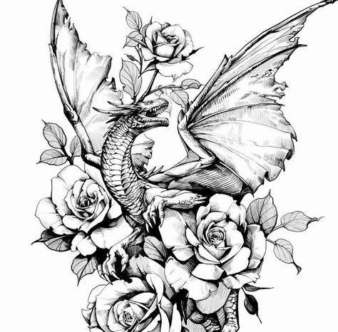 Capricorn Dragon Tattoo, Dragons And Flowers Tattoo, Woman Lower Arm Tattoo, Dragon And Flower Tattoo For Women, Dragon Tattoo Cover Up, Red Dragon Thigh Tattoo, Mystical Dragon Tattoo, Dragon Sleeve Tattoo Women, Sketches Of Dragons